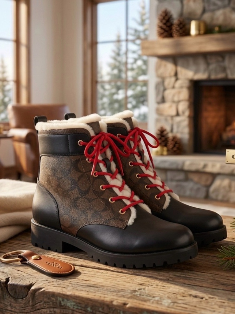Coach Women’s Fur-Lined Lace-Up Winter Boots - Black with Brown Pattern